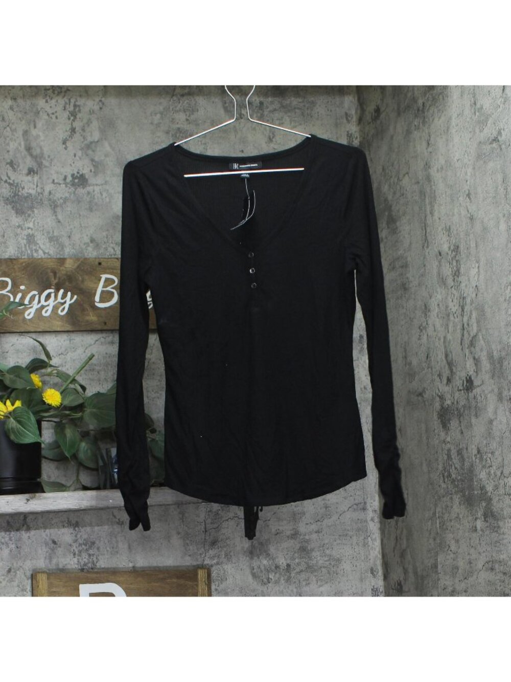 Inc International Concepts Ruched Long Sleeve Ribbed Henley Top Deep Black M